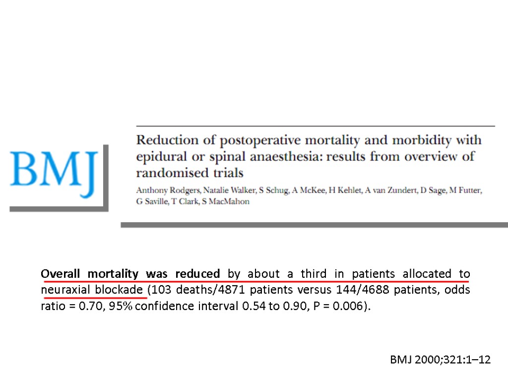 Overall mortality was reduced by about a third in patients allocated to neuraxial blockade